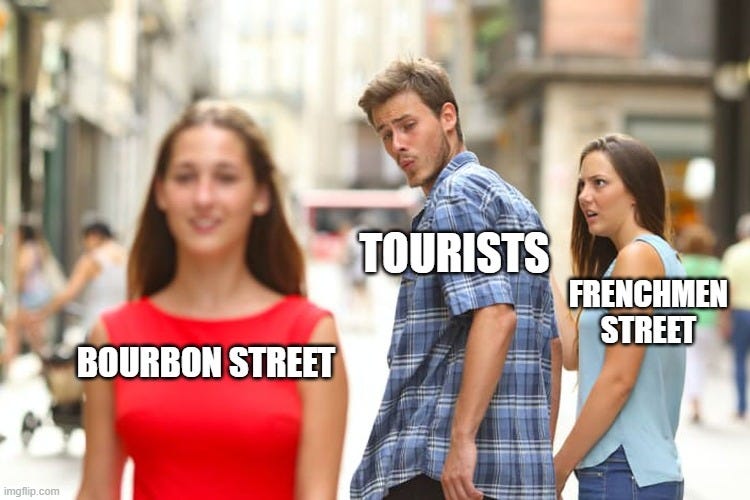 Woman in red dress labeled "Bourbon Street", man turning head to look at her lableld "Tourists" and girlfriend getting angry at boyfriend labeled "Frenchmen Street"