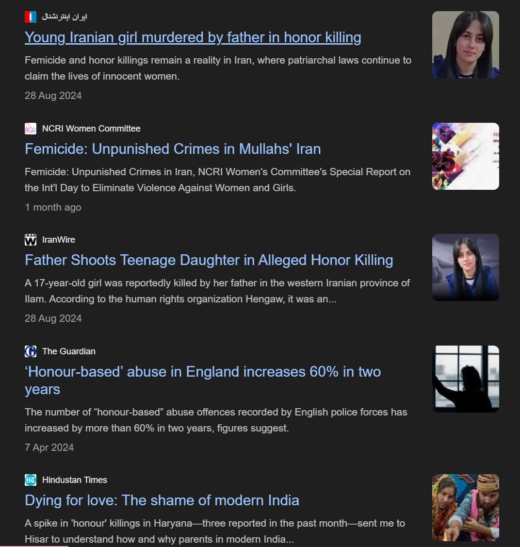 Web results showing articles about honor killings, including two about a young Iranian girl who was killed in August 2024.