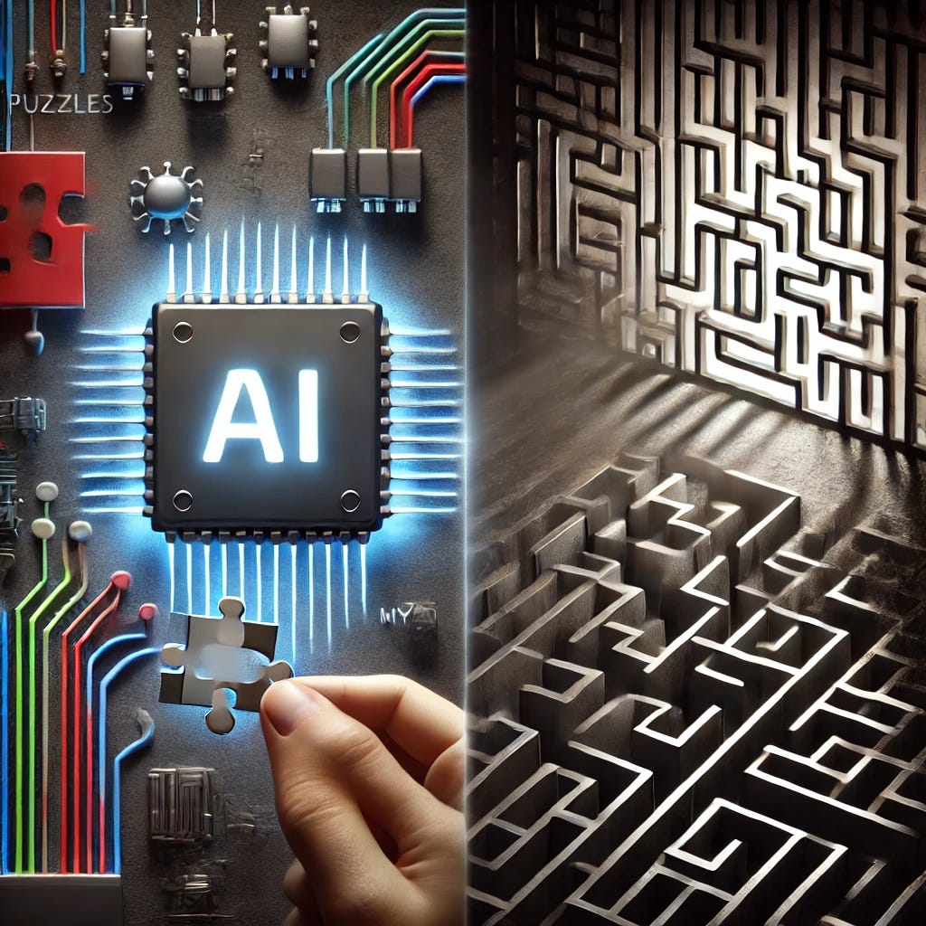 A conceptual illustration representing the contrast between puzzles and mysteries in artificial intelligence. On the left, a sleek modern AI chip or neural network solving a jigsaw puzzle. On the right, a shadowy, enigmatic labyrinth or maze, representing mysteries. The setting is abstract, with contrasting lighting: bright and clear for the puzzle side, dark and moody for the mystery side. The overall aesthetic is futuristic and thought-provoking.