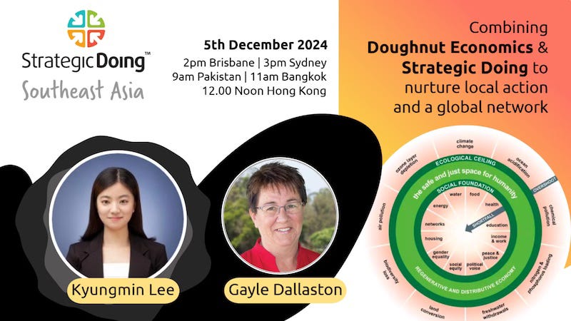 event flyer with photos of Kyungmin and Gayle and Doughnut Economics image