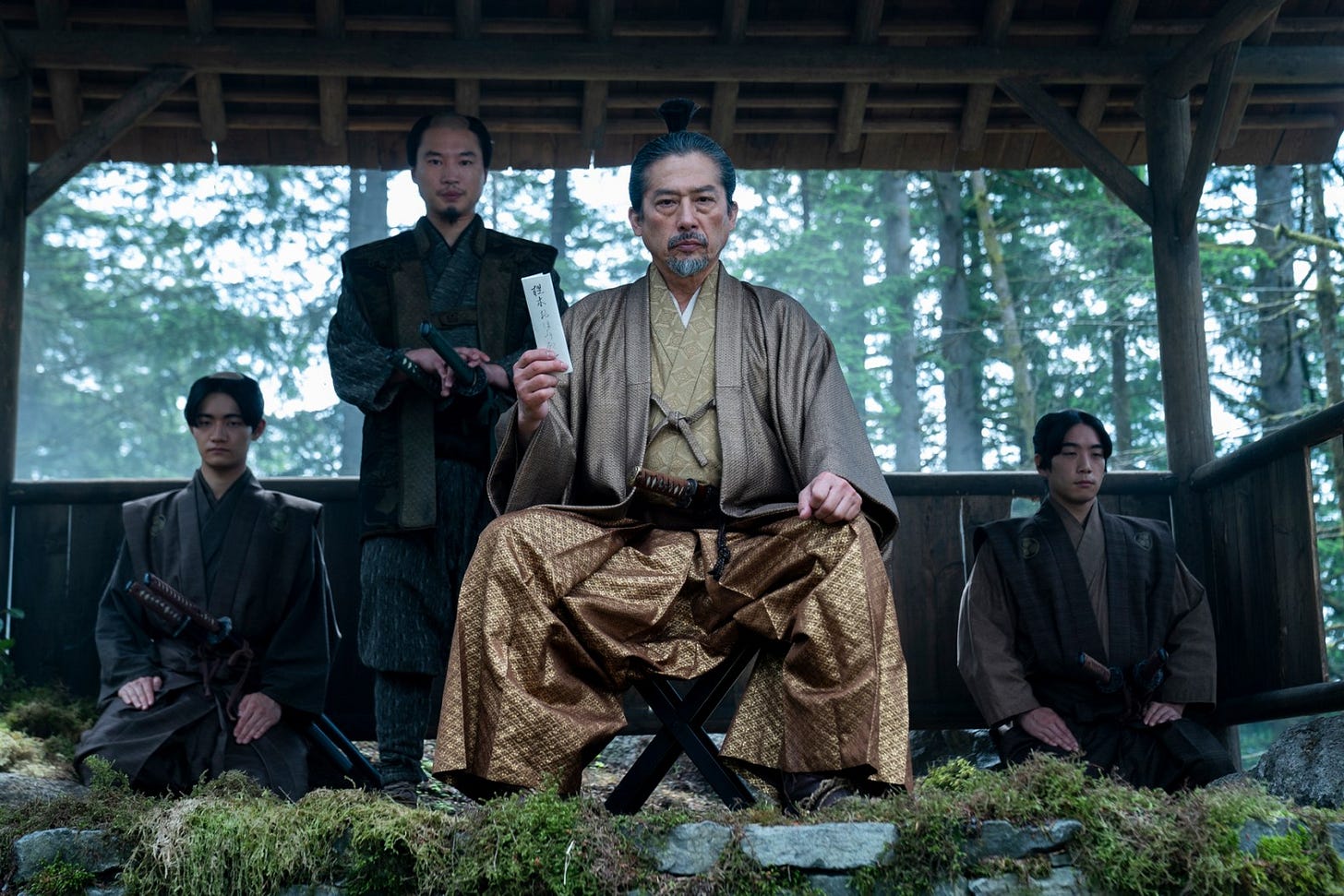 “SHOGUN” --  "A Dream of a Dream" -- Episode 10 (Airs April 23)  Pictured (L-R):  Hiroto Kanai as Kashigi Omi, Hiroyuki Sanada as Yoshii Toranaga.  CR: Katie Yu/FX