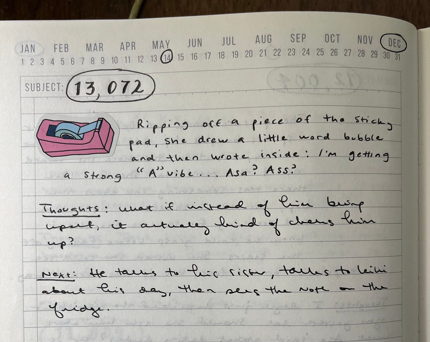 Image from my Writing Notebook dated December 14, with a sticker of a pink tape dispenser, and words as typed below.