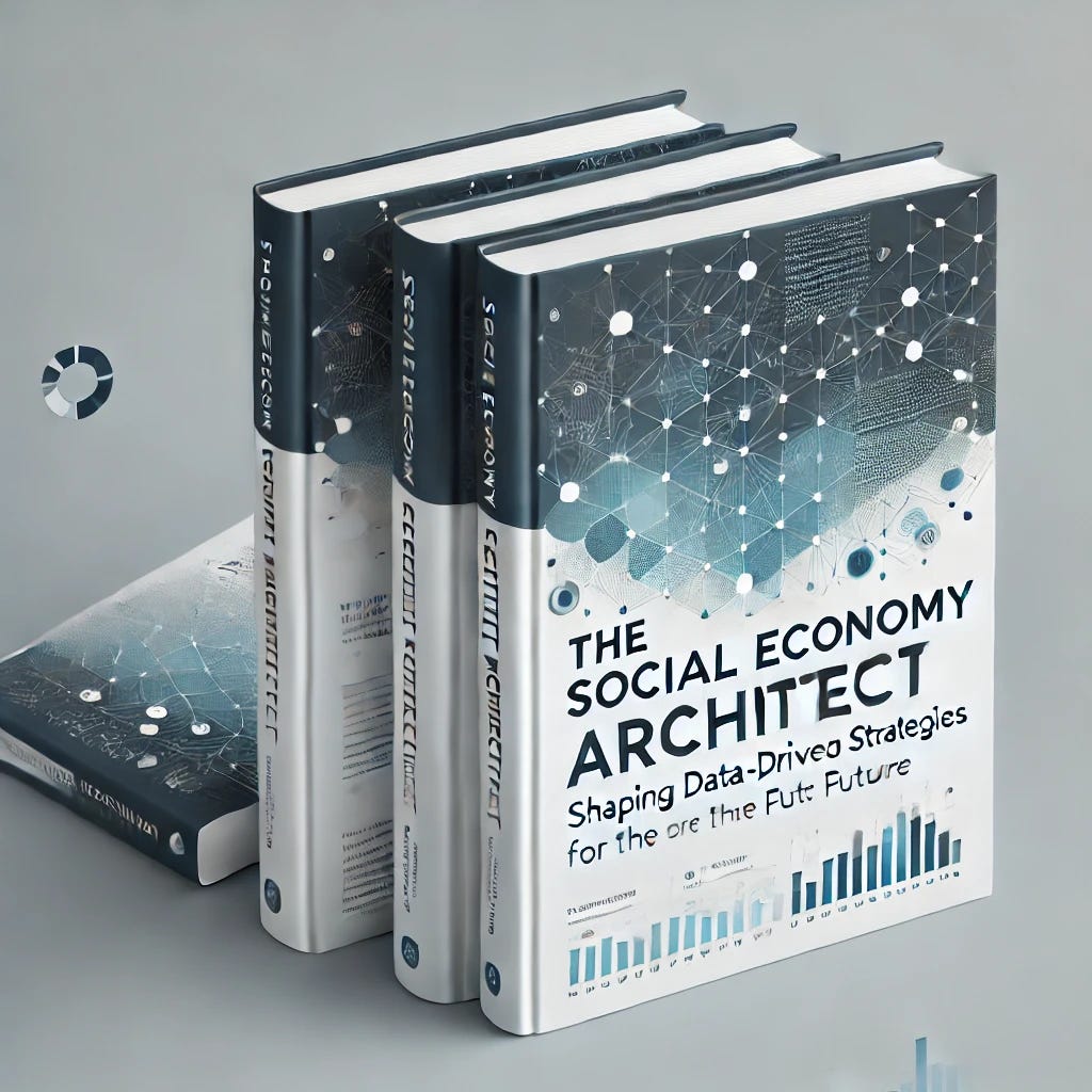 A book cover design titled 'The Social Economy Architect: Shaping Data-Driven Strategies for the Future'. The design should feature a modern, minimalist aesthetic with a strong focus on innovation and forward-thinking. Use a combination of geometric patterns, data elements, and abstract shapes to symbolize strategic planning and social impact. The color scheme should include shades of blue, gray, and white, with clean typography for the title and subtitle. The overall feel should be professional, sleek, and reflective of both analytical thought and social responsibility.