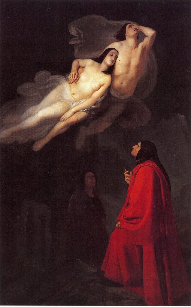 Giuseppe Fraschieri: Dante e Virgilio incontrano Paolo e Francesca, oil on canvas, 1846 (Civica Galleria d'Arte Moderna, Savona)