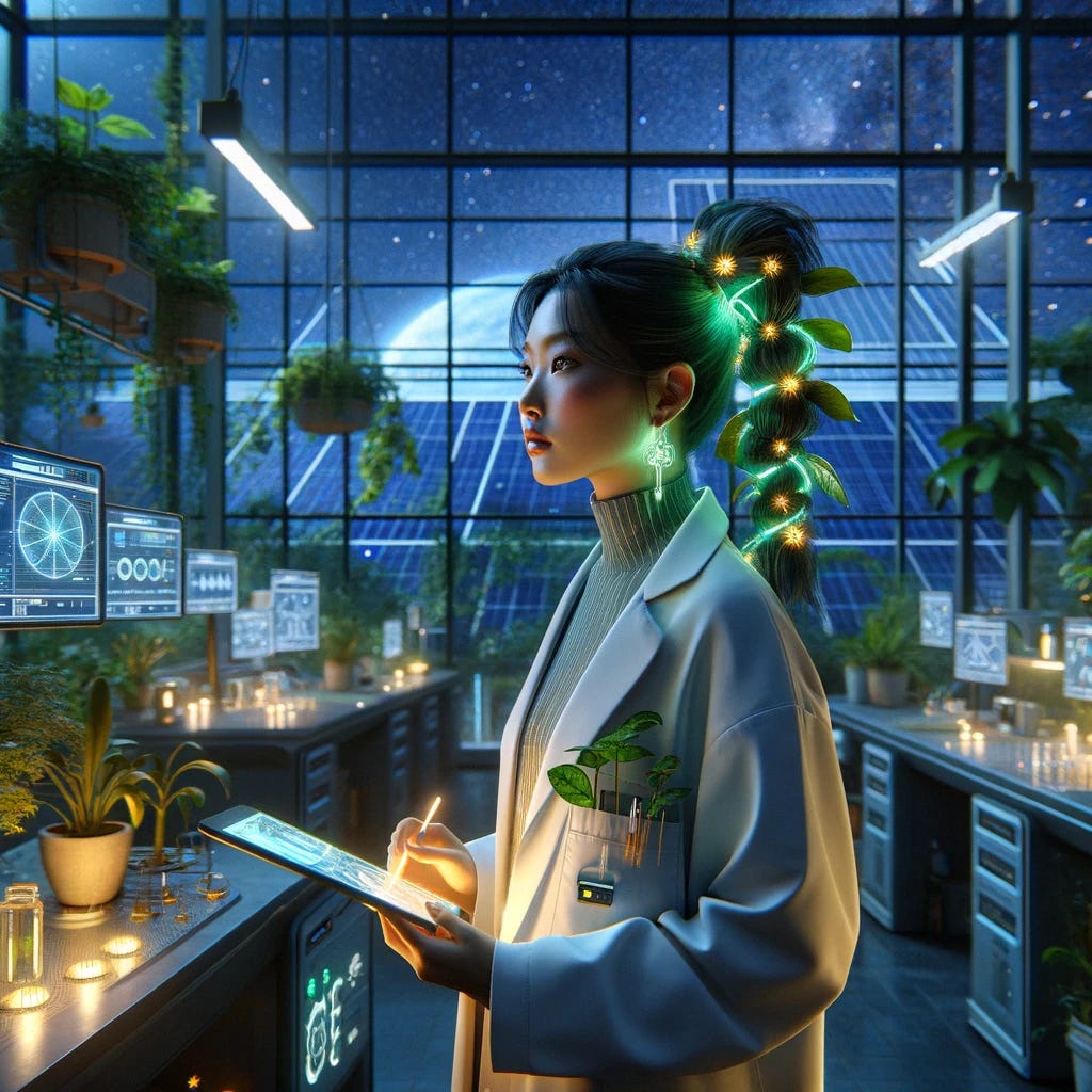 Imagine a scene featuring an Asian woman scientist in a solar-punk style environment. She stands in a modern, eco-friendly biomedical lab, surrounded by plants integrating with technology, solar panels visible through large windows, and advanced scientific equipment. She wears a lab coat that has hints of green and gold, symbolizing her commitment to sustainability and innovation. Her hair is styled in a futuristic manner, perhaps in a sleek ponytail or with intricate braids incorporating bioluminescent elements. In her hands, she holds a digital tablet or a piece of advanced scientific gear, gazing thoughtfully out of a window at the night sky, filled with stars. The lab is illuminated not just by technology but also by natural light, emphasizing the blend of nature and science. The scene captures her in a moment of contemplation, pondering her next move in research that bridges the gap between technology and environmental stewardship.