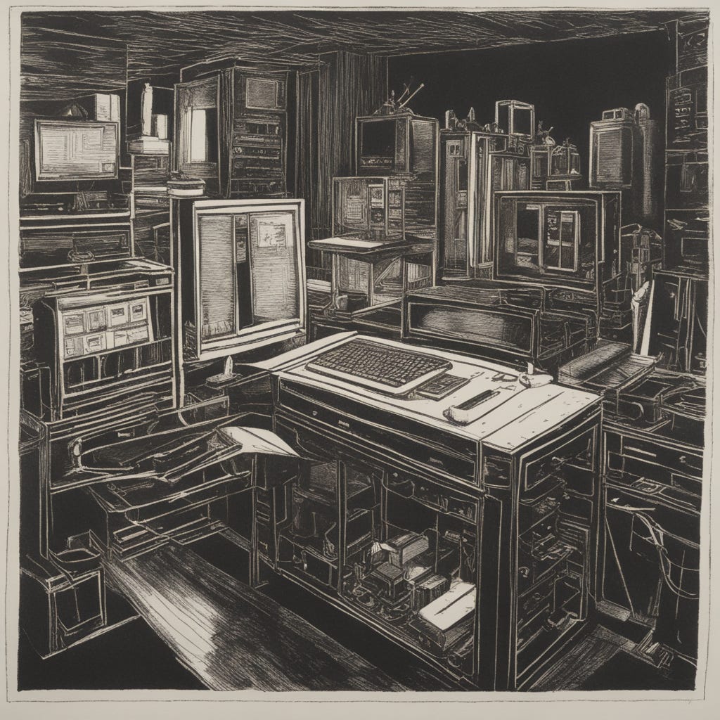 A black-and-white image of a bunch of vaguely-computery-looking objects in what may or may not be a server room.  It's in an "etching" style which is clever and stuff because I'm talking about "tracing" a cluster.
