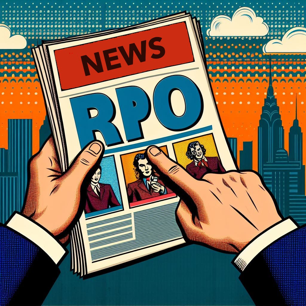 Pop art representation of hands holding a newspaper or tabloid. On the cover it says, NEWS RPO.