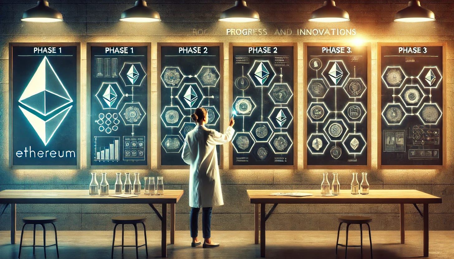 Banner image featuring a scientist in a modern lab environment, analyzing a series of chalkboards or digital screens. Each screen shows different stages of a technology roadmap, with clear labels like 'Phase 1,' 'Phase 2,' and 'Phase 3.' Symbols, including Ethereum logos, represent technological advancements and blockchain concepts. The lab is softly lit, creating a warm glow around the scientist and emphasizing the Ethereum logos and futuristic symbols on the screens. Overlay text reads: 'Ethereum Roadmap: Progress and Innovations.'