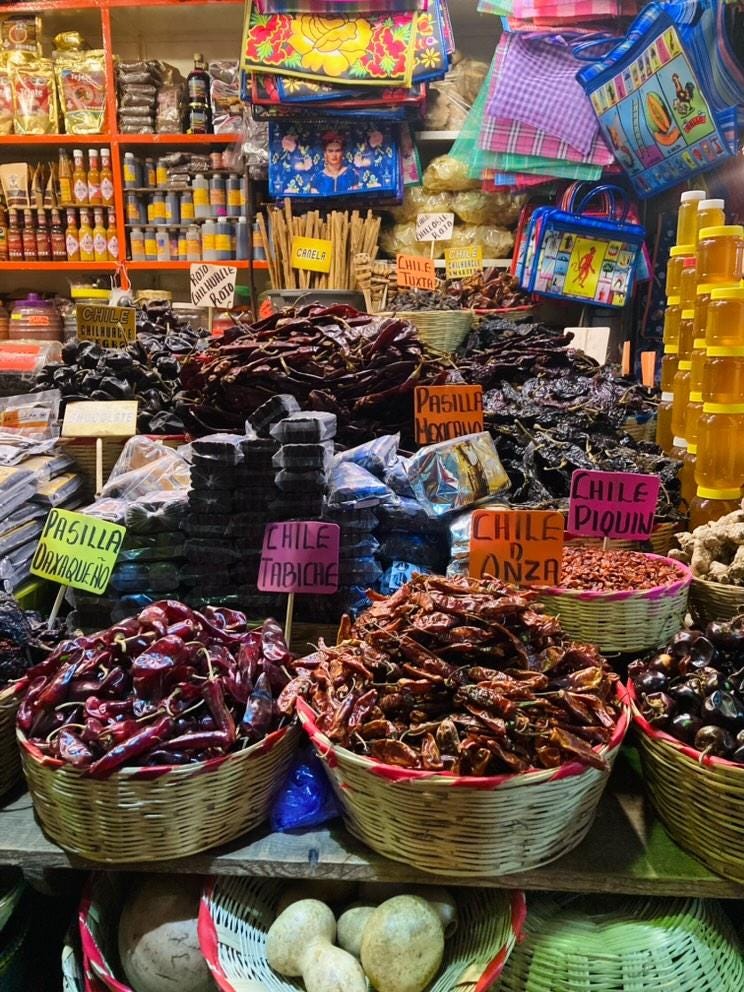 Market stall in Oaxaca with chiles. 