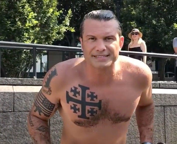 Peter Hegseth has a large Jerusalem cross on his chest.