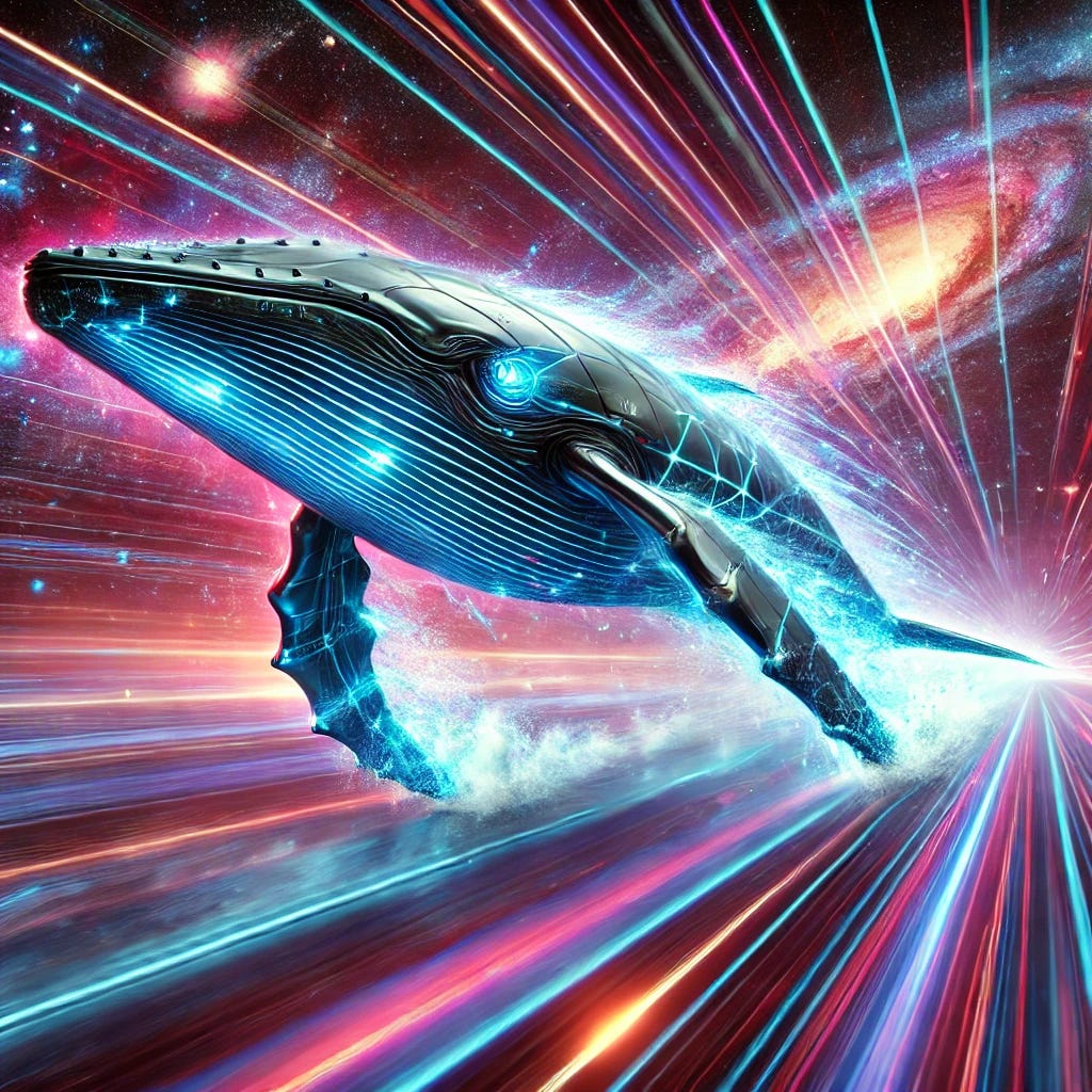 A hyper-speed DeepSeek Whale racing through the cosmos at incredible velocity. The whale's sleek, cybernetic body glows with intense neon blue and purple streaks, leaving behind a blazing trail of energy. Motion blur and light streaks enhance the feeling of extreme speed as the whale propels through a backdrop of swirling galaxies, vibrant nebulae, and streaking stars. The scene conveys an overwhelming sense of acceleration, cosmic power, and futuristic adventure.