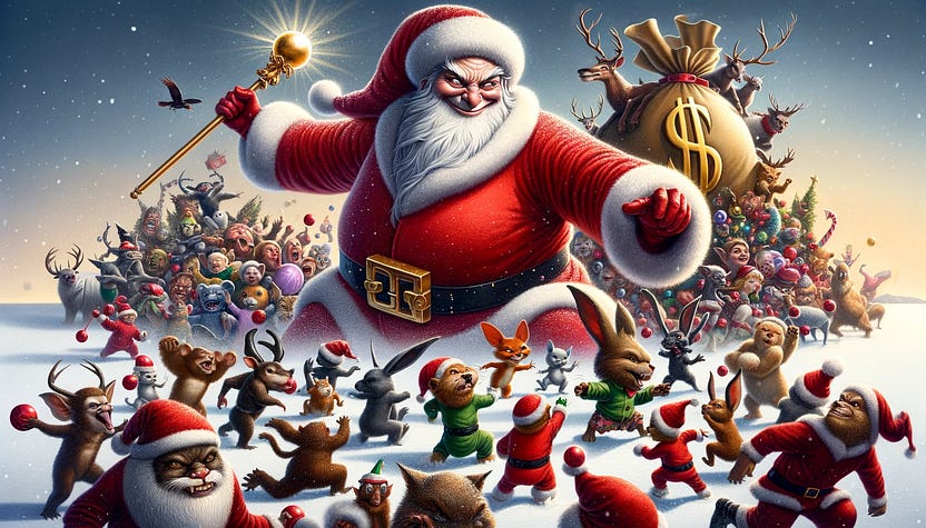 Culture wars depicted by Christmas characters battling overseen by a capitalist santa