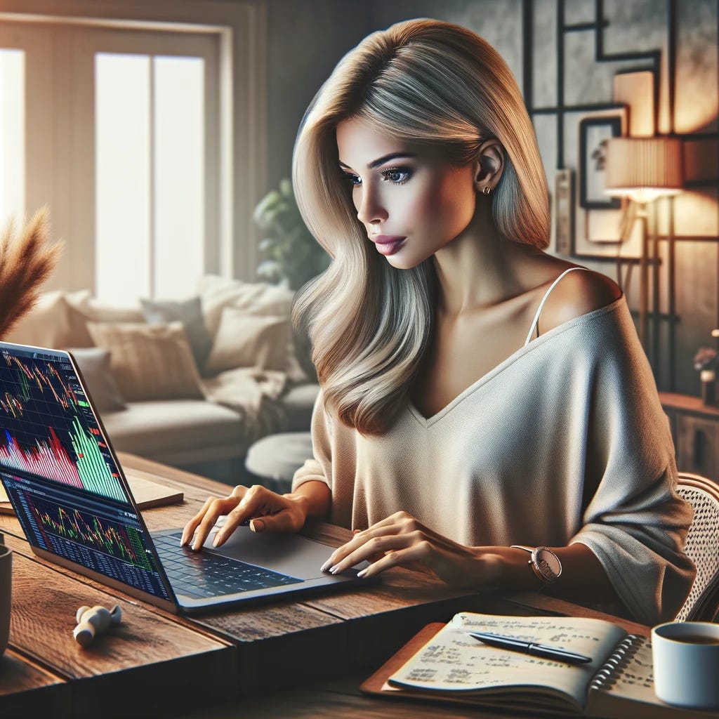 A detailed scene of a pretty blonde woman seated at a stylish, modern desk, deeply focused on her laptop screen which displays colorful charts and graphs indicative of stock market research. The room is well-lit, giving off a serene ambiance, with a cup of coffee and a notepad filled with notes and calculations by her side. She is wearing casual, comfortable clothing, showcasing a relaxed yet concentrated work-from-home vibe. The background is adorned with a few minimalistic decorations, providing a touch of personal style without distracting from the central theme of diligent stock market research ahead of earnings.