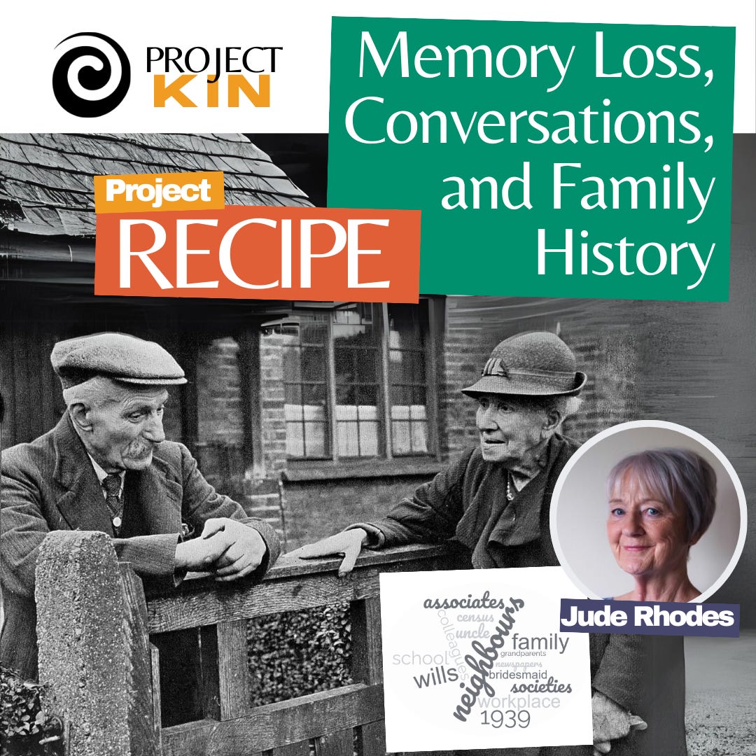 A photograph of Jude Rhodes and a word map super imposed over an image of two elderly people chatting in front of a home and the text "Memory Loss, Conversations, and Family History"