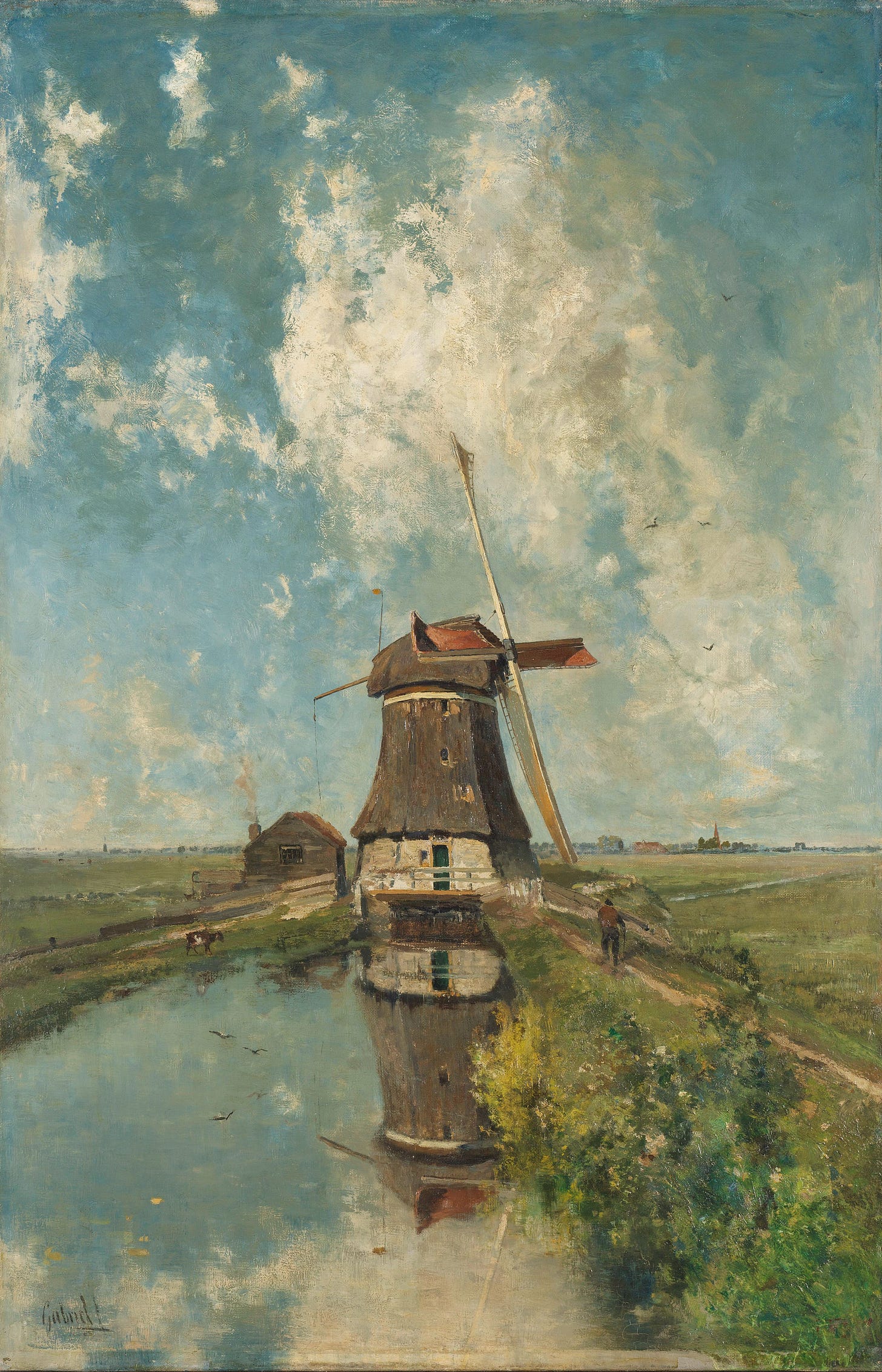 Oil painting on canvas. height 102 cm × width 66 cm × depth 14 cm Depiction of a windmill on a polder canal in the summer. The mill is reflected in the water. On the right a man walks on the road to the mill, on the left a house.
