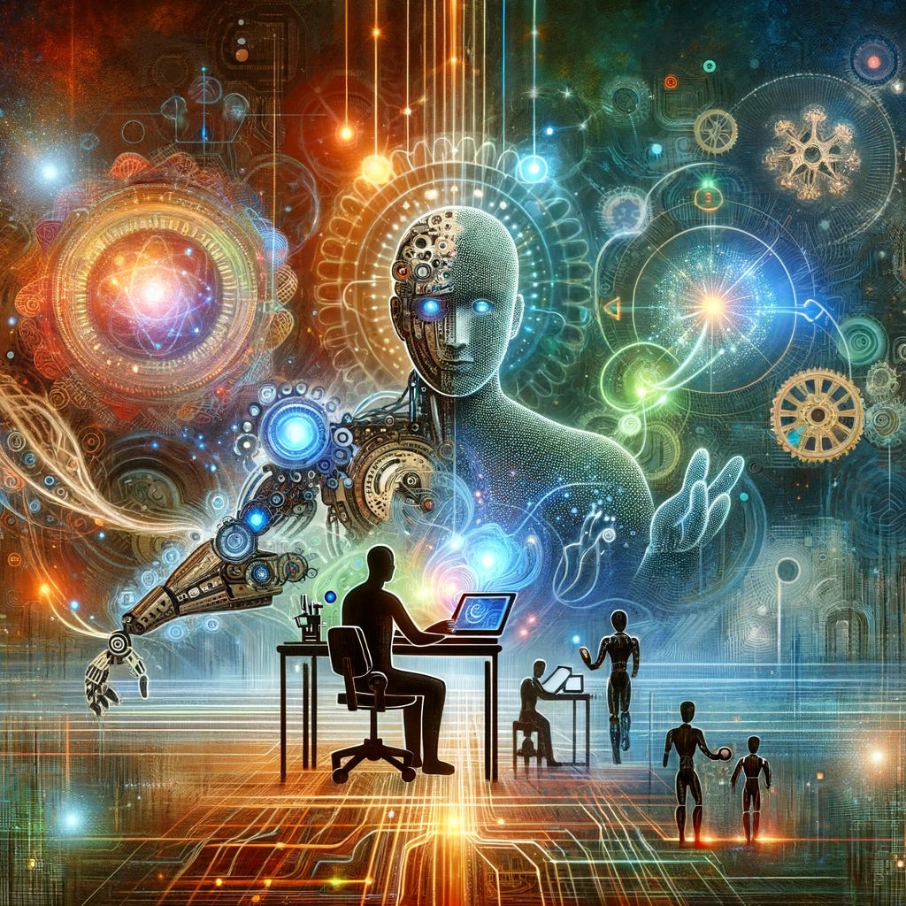 Illustrate the concept of symbiosis between humans and artificial intelligence, showing a harmonious integration where both human creativity and AI's computational power enhance each other's value. The image should depict a human figure and an AI entity, represented by a robot or digital motifs, working together at a shared workspace. Elements such as interconnected gears, a flow of light or data between them, and a background that combines organic and digital textures can symbolize the mutual enhancement and interdependence. This visual metaphor should convey a future where human intelligence and artificial intelligence collectively achieve greater outcomes, embodying the idea of super intelligence through their partnership.