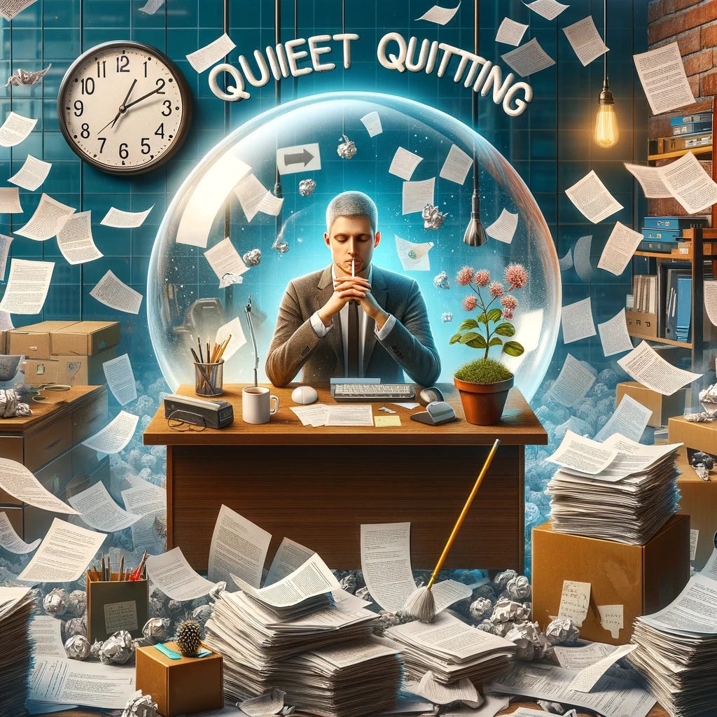 Create an image depicting the concept of 'Quiet Quitting' as a visual metaphor. Imagine an individual sitting at a corporate office desk, surrounded by piles of paperwork, looking indifferent and disconnected from the chaos of work around them. The person is in their own bubble of tranquility, with a serene expression on their face, symbolizing the mental state of 'quiet quitting'—doing just enough to meet job requirements but not engaging beyond that. Include visual elements like a clock showing the end of a workday, a cup of coffee half-full, and a small plant on the desk that's thriving, contrasting with the stagnant office environment.
