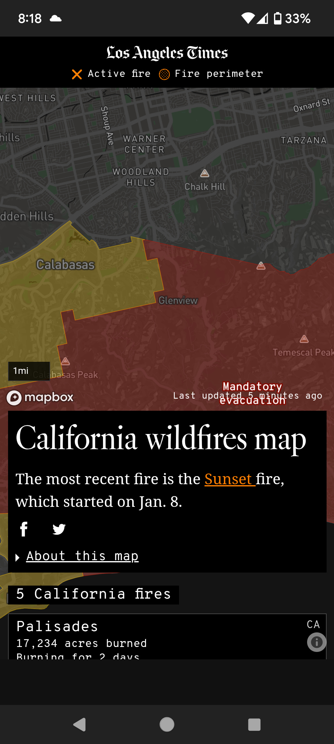 A screenshot from my phone of the Los Angeles Time California Wildfires map. It is zoomed in to areas with mandatory and suggested evacuations in Los Angeles.