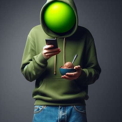 A man wears jeans and an unzipped green hoodie (with the hood draped behind) and mindlessly scrolls on his phone. The man does not have a head but instead has a basic bright neon green sphere in its place. He holds a bowl of chocolate ice cream in his other hand. The background is gray.