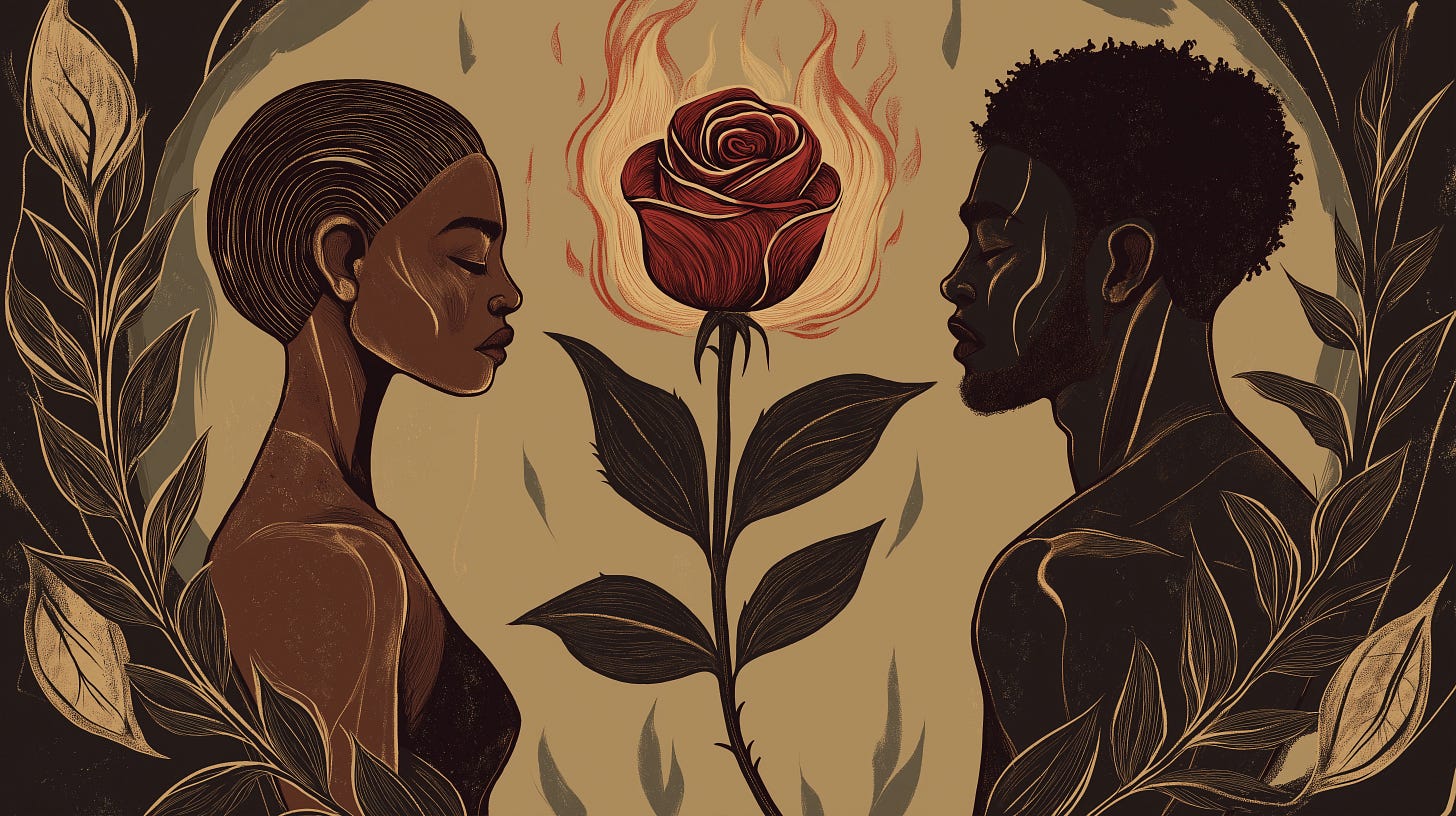 An illustration of two black people facing each other, one with their head turned away and the second looking at them with sorrow. Between them is an elegant rose in flames, with leaves surrounding it. The background has dark brown tones. 