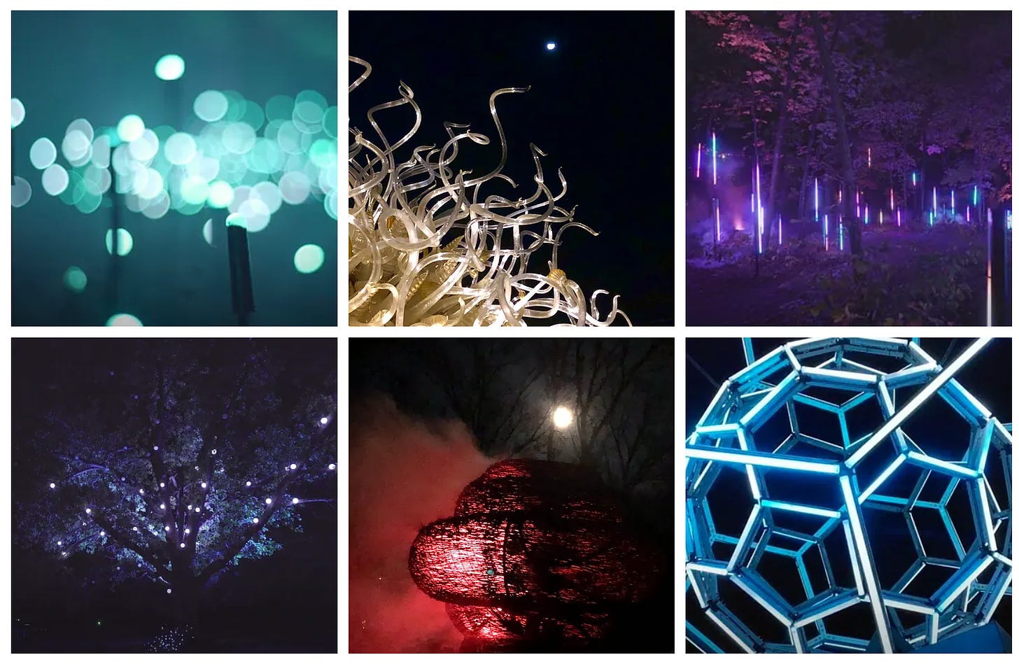 Gallery of turquoise glow-bobs on anemone stalks, golden blown glass, neon light bars in the woods, a tree dotted with white moons, a glowing wicker hearth, a tuquoise LED soccer ball