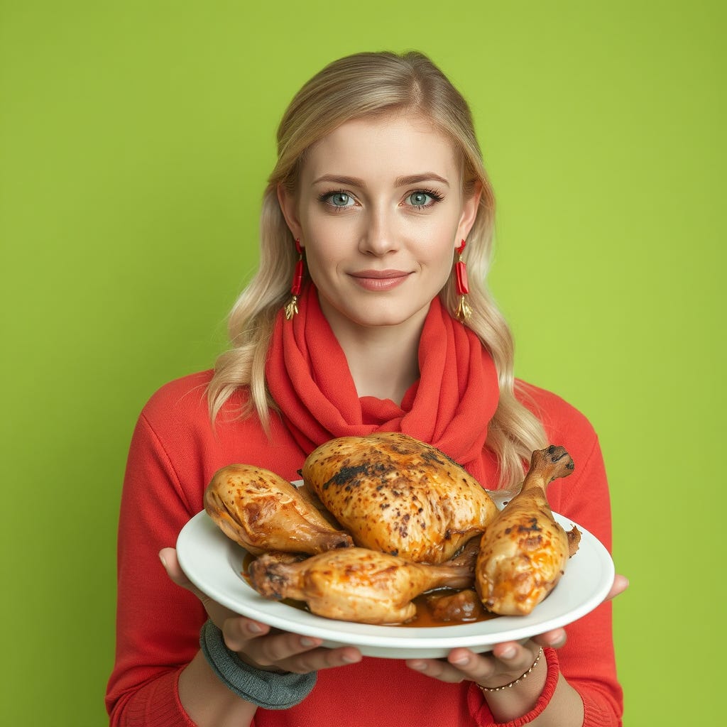 Happy 25-year old, blonde-haired, caucasian woman with vivid color clothes wearing a red scarf, holding a plate full of roasted chicken, wearing contrasting vivid color accessories, isolated on vivid green back2