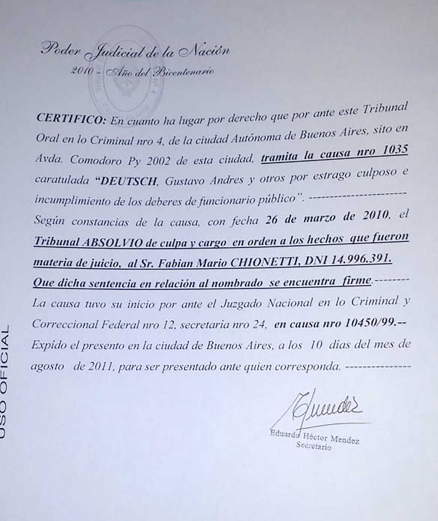 La sentencia de absolución de Chionetti, firmada el 26 de marzo de 2010