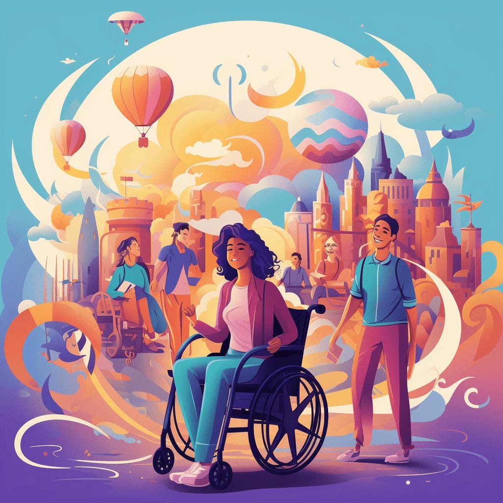 Colourful illustration of diverse people in a city in the style of vibrant fantasy, spherical sculptures, and dreamscape portraiture. Image generated with AI