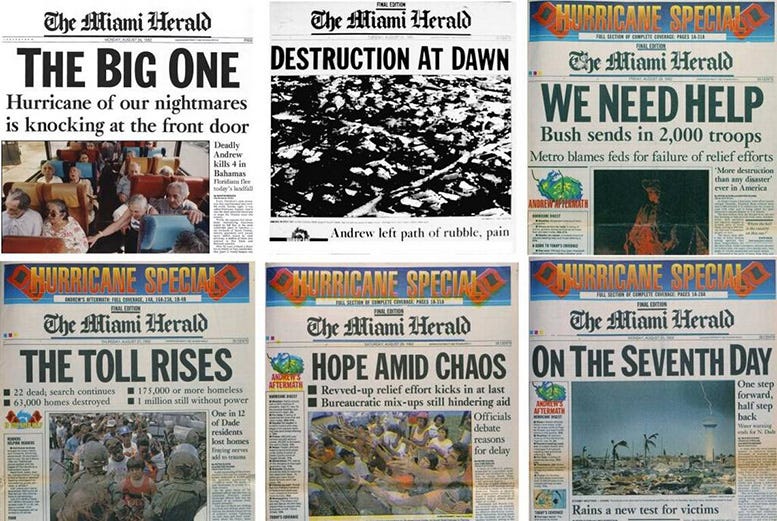 Headlines in the Miami Herald in anticipation and the aftermath of Hurricane Andrew in 1992.