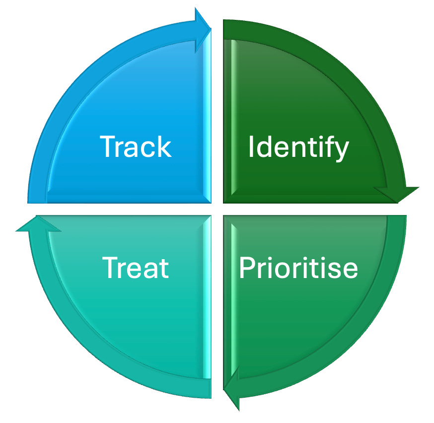 The image depicts a four-part diagram illustrating a structured process with the steps: Track, Identify, Treat, and Prioritise. The segmented shapes in alternating blue and green convey a sense of interconnectedness between the different elements of the framework.