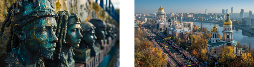 On the left, a row of bronze sculpted heads, each with unique features, are displayed in an outdoor setting. On the right, an aerial view of a city with a large church featuring golden domes, a river, and a procession of people along a tree-lined street.