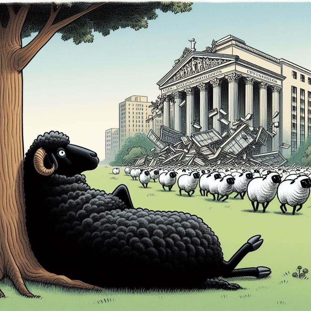 A black sheep with black wool is sitting down far away near a tree, relaxed. In the distance, a herd of sheep are panicked as a university building crumbles. New Yorker illustration style.