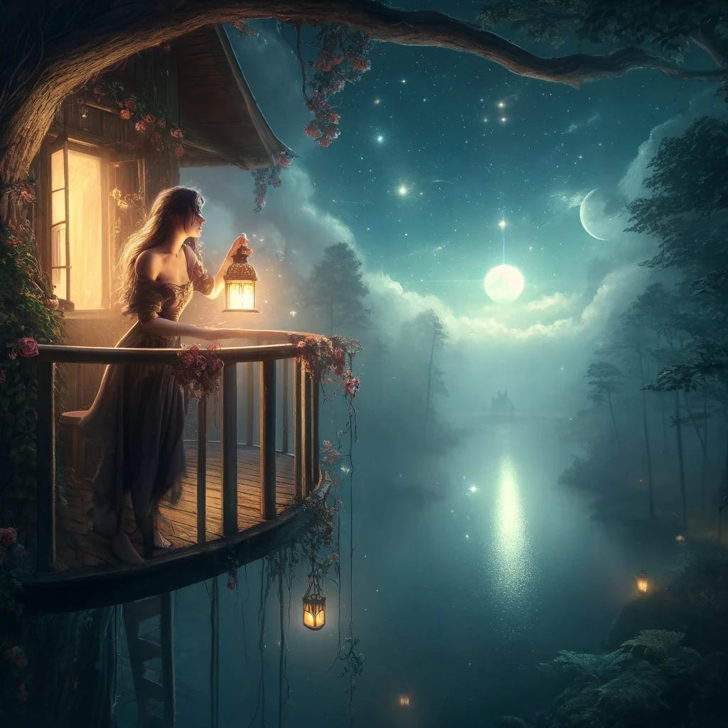 Envision The Wounded Dreamer standing on a balcony of a treehouse, under a starlit sky in the mystical forest of Mirrormere. The scene is deeply romantic and introspective, capturing her longing for a soulmate connection. She leans against the balcony railing, holding a glowing lantern that lights up her hopeful yet slightly wistful face, symbolizing her search for love that understands and embraces her deeply. In the background, the stars and moon reflect in the still waters of a lake below, creating a path of light that leads to the horizon, representing her belief in a destined love. Around her, gentle vines of flowers climb the balcony, and a soft breeze stirs her hair, adding to the magical and romantic atmosphere. This image seeks to capture The Wounded Dreamer’s yearning for a profound emotional bond, her vulnerability in love, and her hopeful heart, despite past betrayals and wounds.