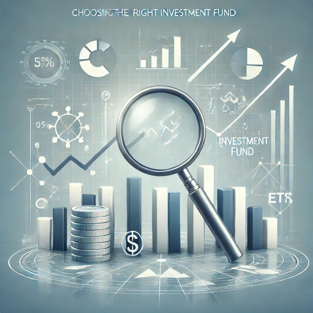 An informative and professional image designed for a blog post titled 'Choosing the Right Investment Fund'. The image should feature symbols of finance such as a magnifying glass, bar charts, graphs, and arrows pointing to upward trends, representing analysis and decision-making. In the background, subtle representations of various investment fund options, such as mutual funds or ETFs, appear. The color scheme should be calm and professional, with blues and greys, emphasizing clarity, guidance, and financial growth.