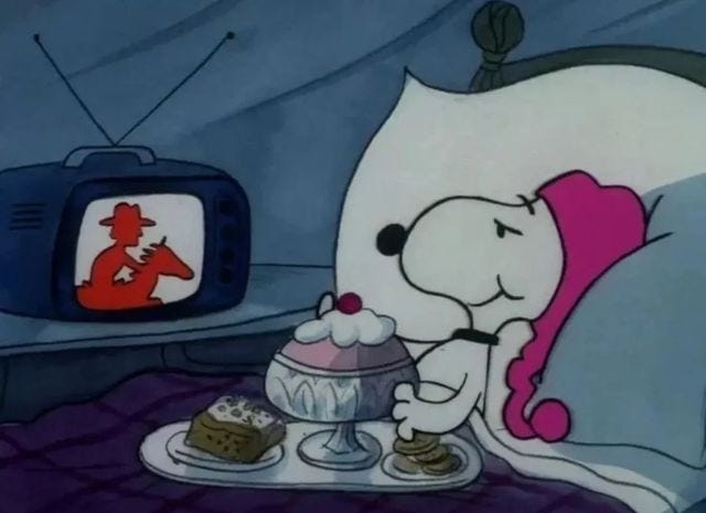This may contain: a cartoon character is eating cake in bed