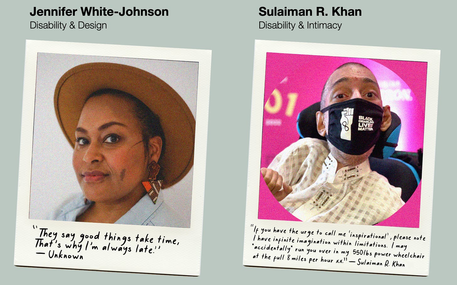 Polaroid pictures of two artists show their headshots and quotes.