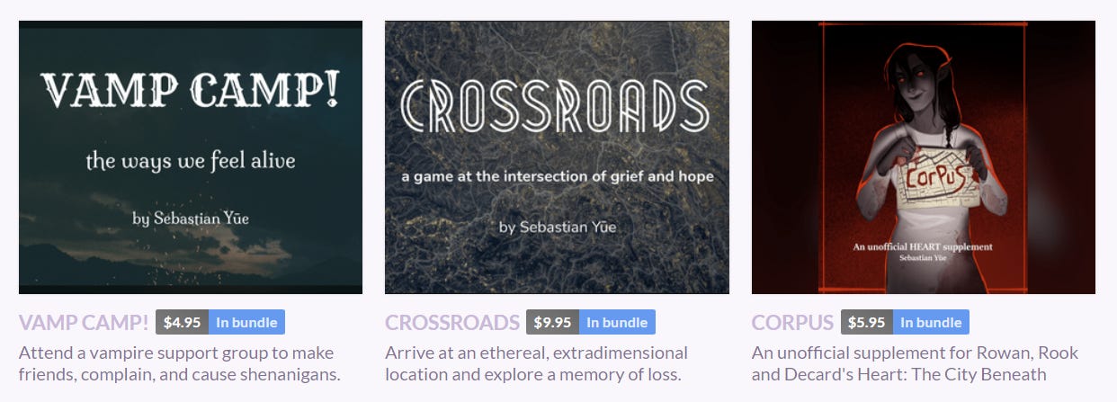 A screeenshot of Sebastian's itch.io profile showing three of their games: VAMP CAMP!, CROSSROADS, and CORPUS.