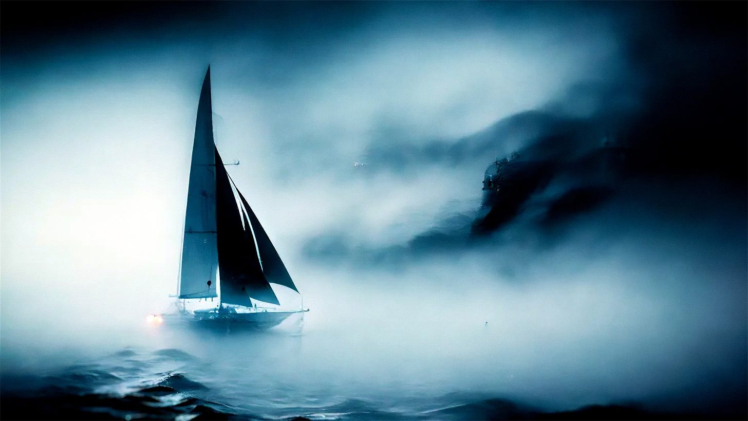 A sailboat emerges through misty blue-tinted waters, its dark sails cutting a sharp triangle against a brooding sky. The dreamlike, monochromatic composition creates an atmosphere of isolation and transcendence. Low visibility and swirling fog echo the poem's themes of disorientation giving way to peace, while a faint light on the boat suggests hope and presence in uncertainty.