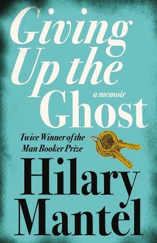 Turquoise book cover of Hillary Mantel's Giving Up the Ghost. The lettering is white with a serif and there is a picture of brass house keys on the front