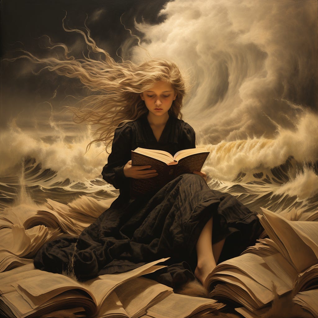 a young girl reading a book while a storm is blowing, in the style of Aimee de Jongh  - MidJourney