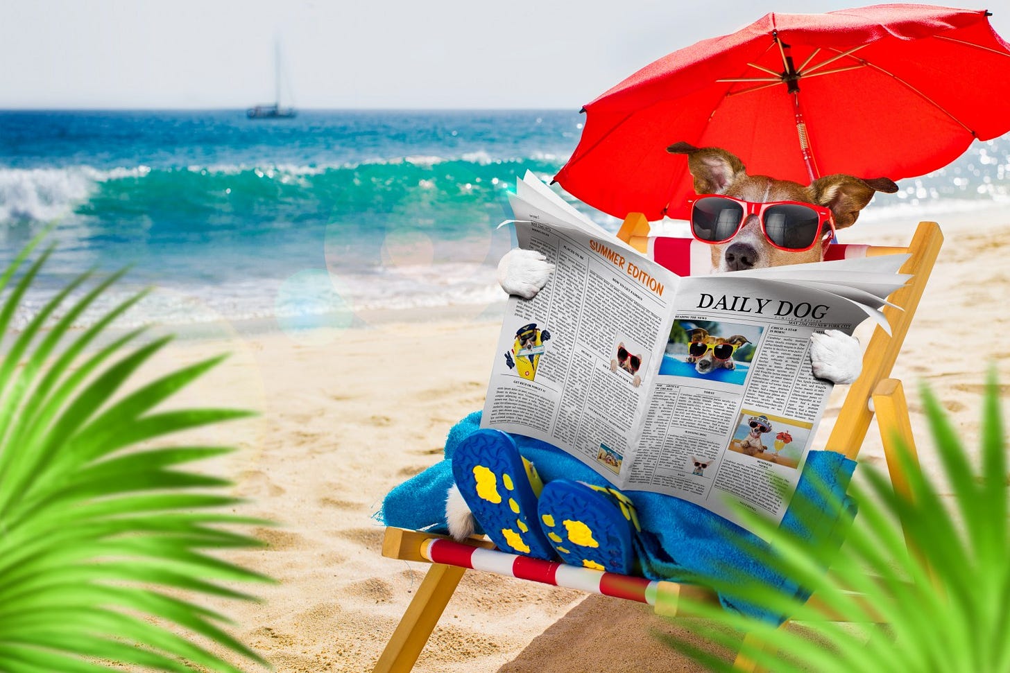 a digitally manipulated image shows a dog sitting in a beach chair under an umbrella reading a newspaper called Daily Dog