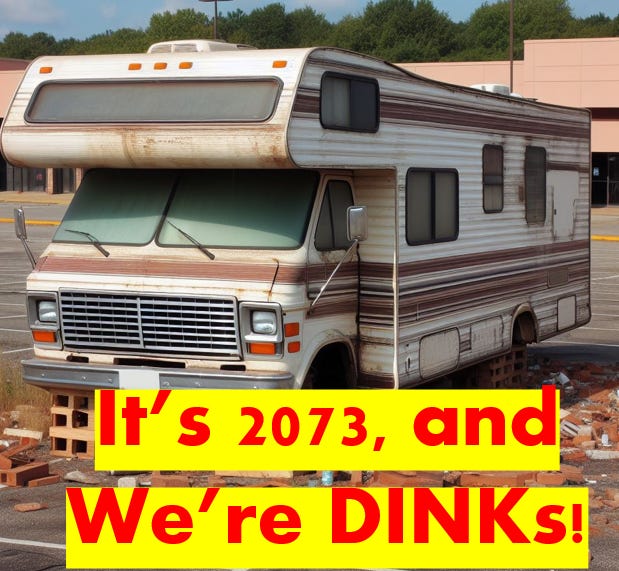 We’re elderly DINKs! Living in a broke down RV in an abandoned strip mall parking lot! AI generated image of broken down RV on blocks