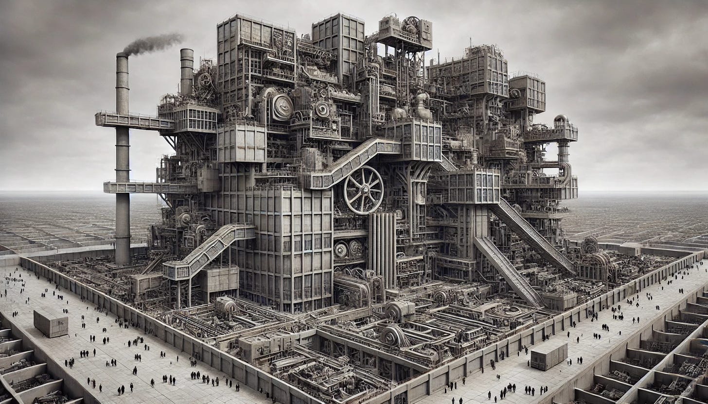 A detailed, vast, complicated brutalist building, with numerous Rube Goldberg-style contraptions, pipes, and mechanical arms emerging from its structure. The building has an imposing, industrial aesthetic with harsh geometric lines and concrete textures. Surrounding the building are intricate mazes and obstructive walls, creating a confusing layout around the perimeter. People are seen queuing up around the building, looking small compared to its immense size and complexity, conveying a sense of overwhelming bureaucracy and mechanical precision. Overcast skies add to the somber, intense atmosphere.