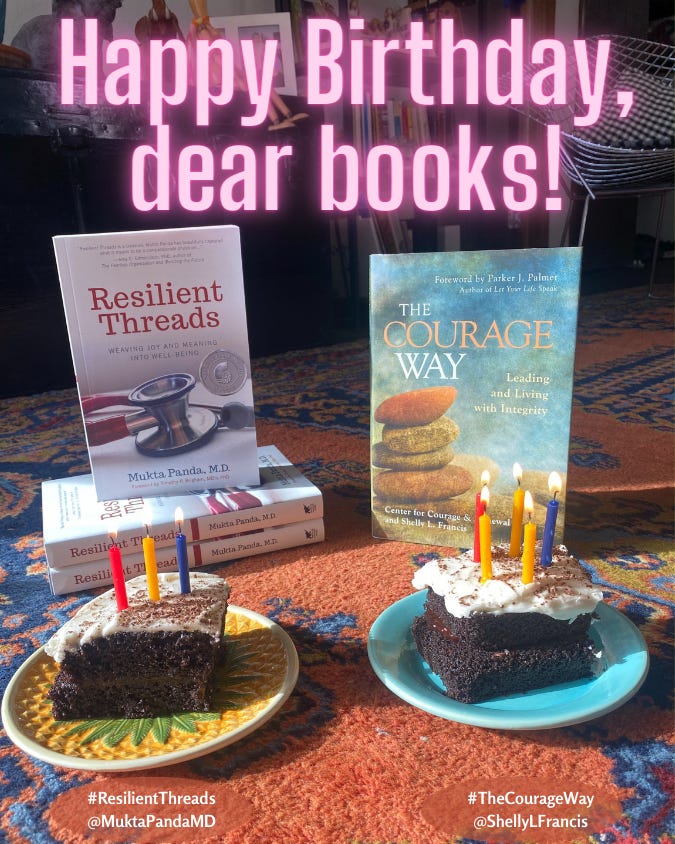 Happy Birthday, dear books. A photo of Resilient Threads and The Courage Way book sitting behind slices of chocolate cake with lit candles. 
