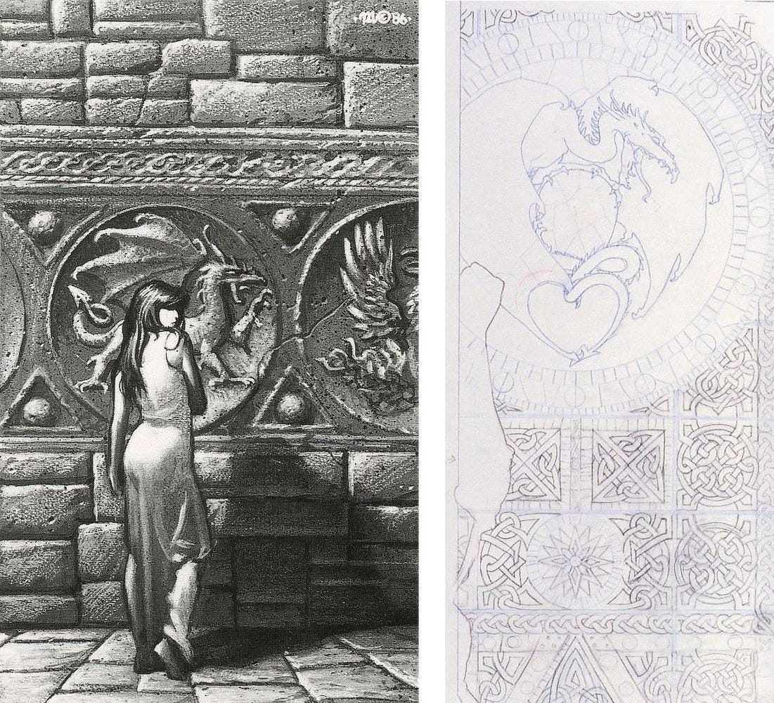 LEFT: Tonal preliminary concept for DAUGHTER OF REGALS featuring a young woman standing in front of a stone wall with a dragon sculpted in relief. It seems to be one of many designs lining the hall. She turns her shoulder to the audience, holding one arm across her midsection. Her dress is not torn.  RIGHT: Pencil study for DAUGHTER OF REGALS featuring the intricate pattern on the stained glass. The line work for the dragon furling wings and tail into a heart shape is in blue pencil. The panels of Celtic knot work is in black pencil.