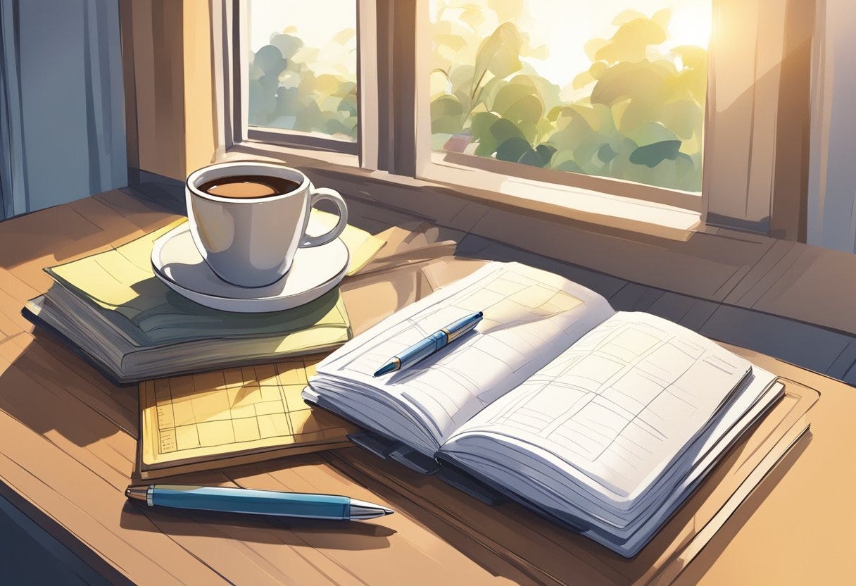 A desk with a planner, journal, and pen. A cup of coffee sits nearby as the morning sun streams through the window onto the organized workspace