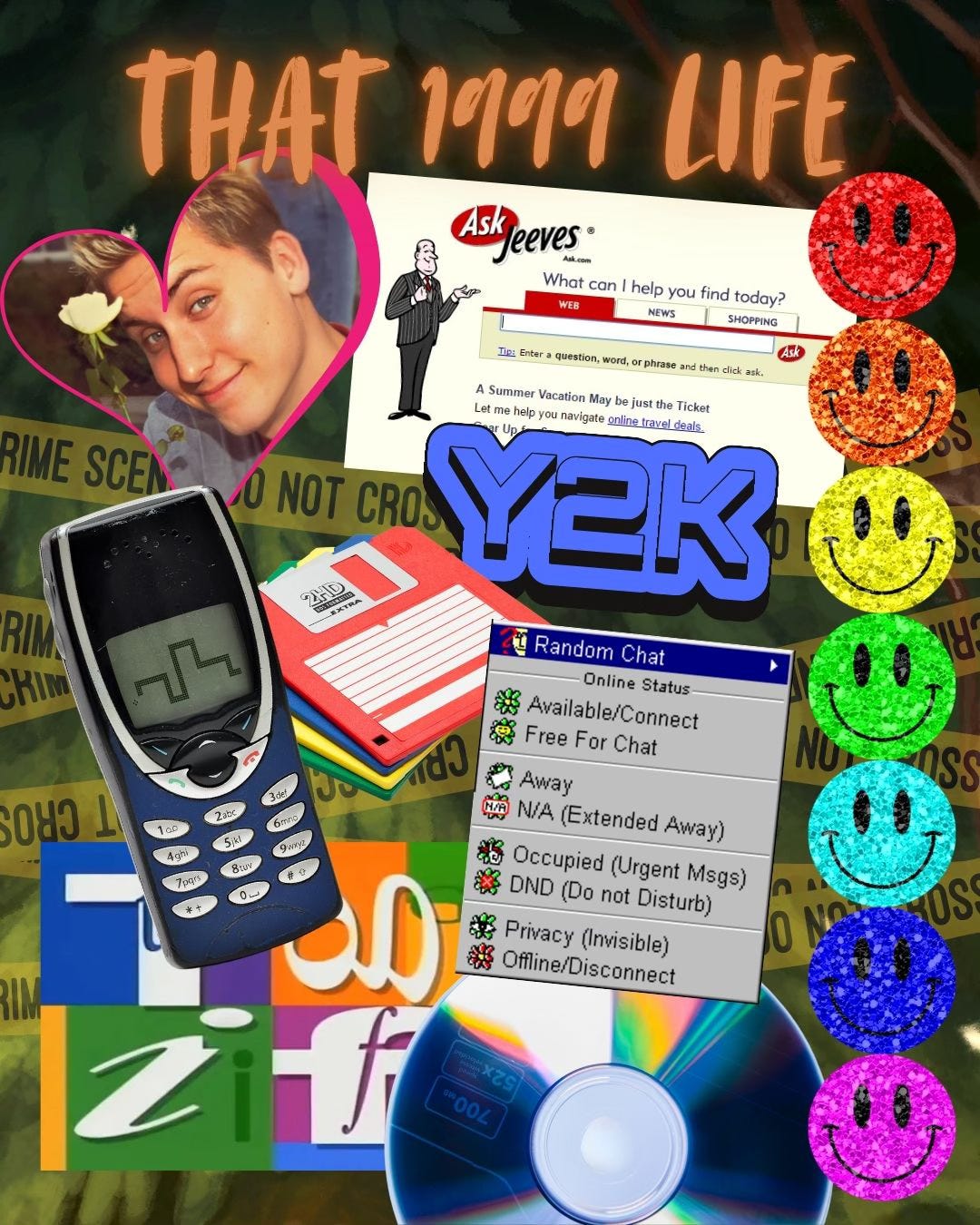 A graphic that reads "THAT 1999 LIFE" and shows a Nokia with Snake playing, a stack of floppy disks, the words Y2K, a screenshot of the Ask Jeeves search engine, a screenshot of the ICQ messaging program, the graphic for TGIF TV, a CD, a photo of Lance Bass in a heart, and a stack of very 90s glittery smiley faces