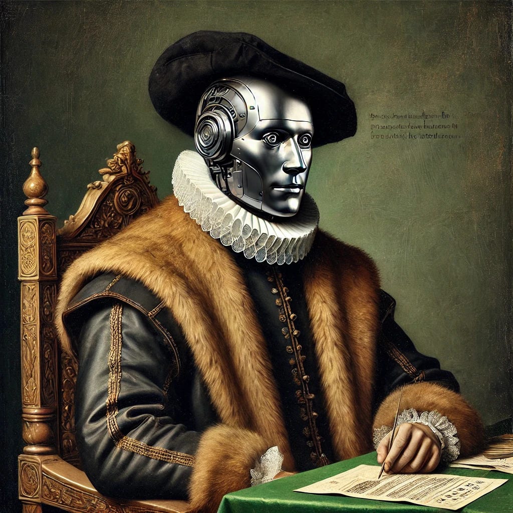 A highly painterly and realistic reinterpretation of a historical portrait in the style of Hans Holbein, featuring a seated man with a fully metallic robotic face. The robotic face should have a smooth, polished metal surface resembling classic armour, with a soft painterly texture to blend seamlessly into the traditional style. The man is dressed in 16th-century attire, including a dark hat and fur-lined coat, and is seated at a green table with documents. The background should feature rich, dark tones and intricate details characteristic of Holbein's classic painting style, with a strong painterly feel.