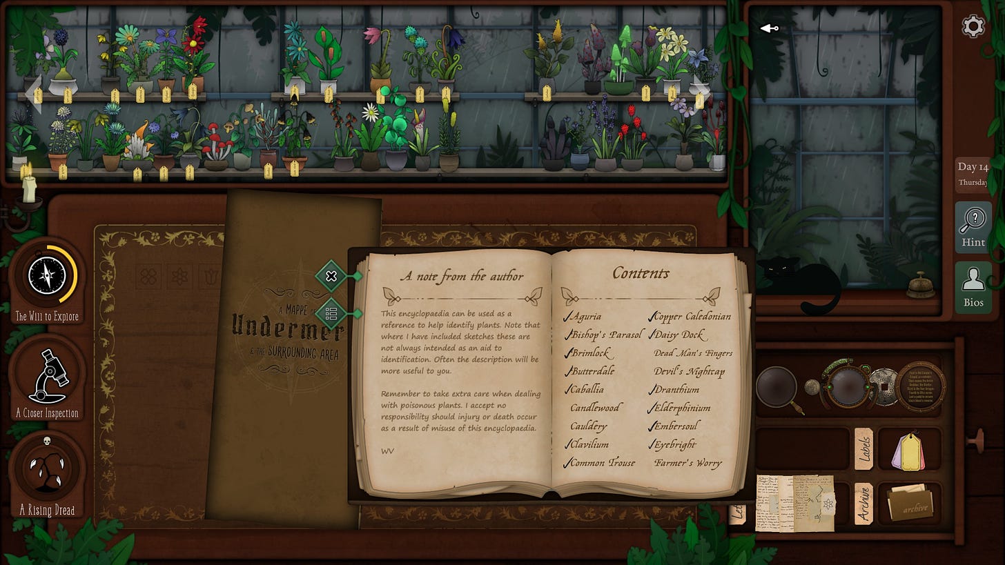Screenshot of Strange Horticulture with an array of plants, an open botany book and some other widgets.