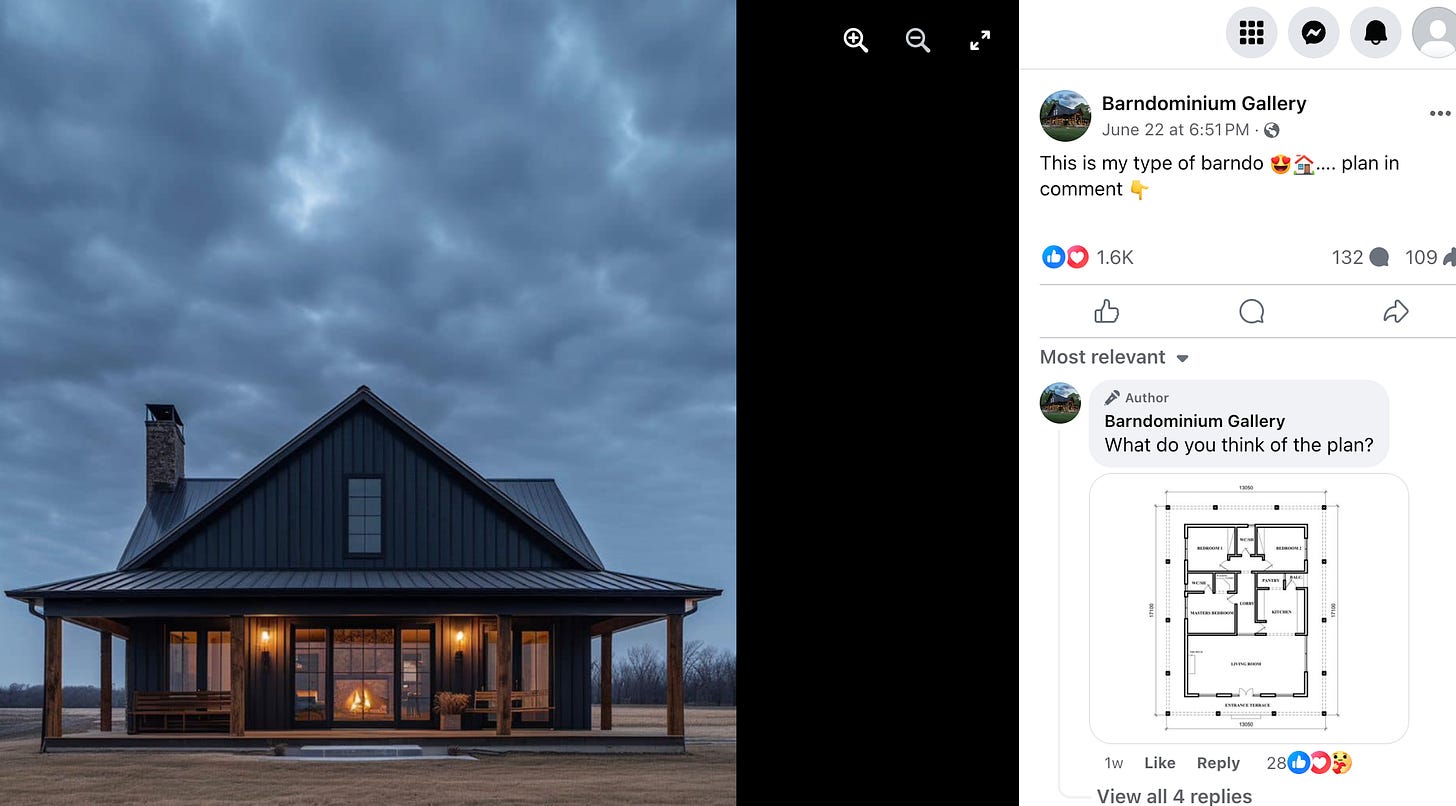 screenshot of a June 2024 Barndominium Gallery Facebook post, which contains a blueprint that does not match the AI-generated house